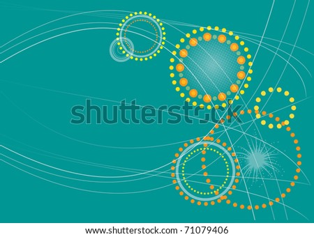 A landscape format abstract pattern with a blue/green based theme. Thin flowing lines and concentric circles in oranges and yellows. Ideal for background wallpaper use and for hand held device.