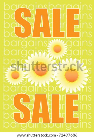 A portrait format SALE poster with a spring or summer theme. Set in orange and green with the words bargain repeated in the background.