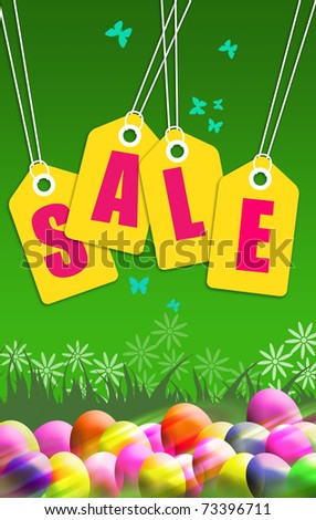 A portrait format sale psoter with an easter theme. Sale tags hang down over colorful easter eggs on a green background.