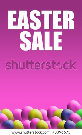 A portrait format image of an easter sale poster with a dayglow pink background with easter eggs at the base. Copy space available.