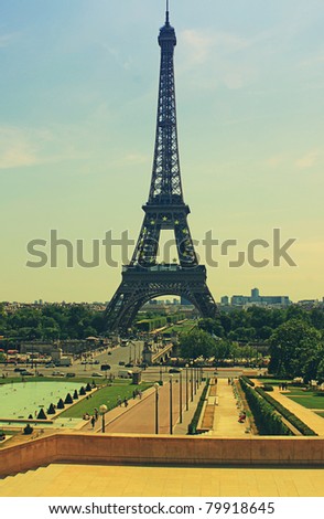 Tour Eiffel Paris France with a retro effect photo style applied. Evocative of the 1960\'s era.