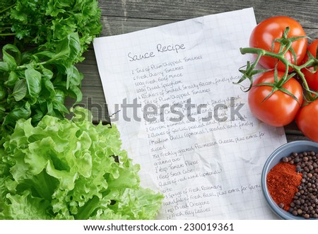 Food recipe paper on wooden table