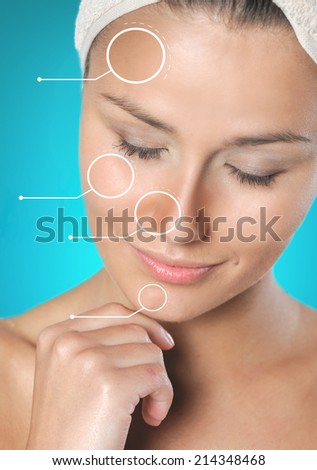 Beautiful , young woman wrapped in towel touching her chin with hand (laser medicine and security technology concept
