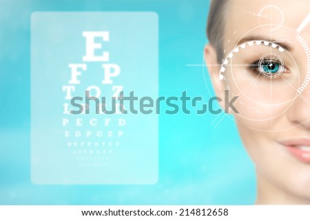 medicine and vision concept - woman and eye chart, future technology