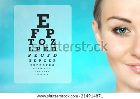 medicine and vision concept - woman and eye chart, future technology