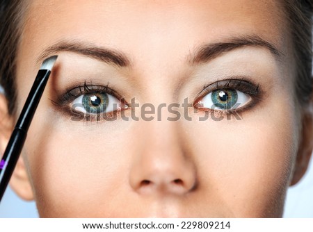 Beauty Woman. Skincare concept. Beauty Face. Beauty concept.Makeup Applying. Professional Make-up.Beauty Fashion Girl Applying eye shadows.