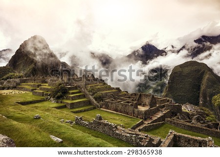 View of the ancient Inca City of Machu Picchu. The 15-th century Inca site.\'Lost city of the Incas\'. Ruins of the Machu Picchu sanctuary. UNESCO World Heritage site.