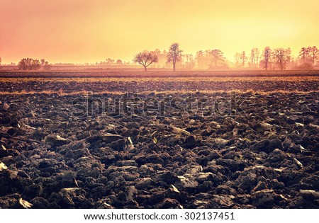 plowed soil. spring field. sunset over ploughed field. Countryside landscape. vintage cross-processed style. Vintage look. Instagram filter.