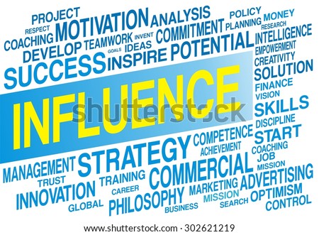 INFLUENCE word cloud concept in blue color