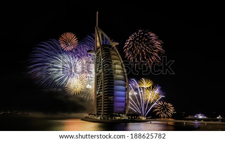 JAN 1, 2014 - DUBAI: The Burj Al Arab luxury hotel during their New Year\'s event.in dubai on jan 1, 2014