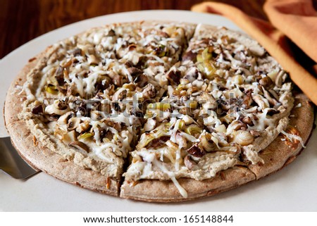 White Pizza with Mushrooms and Leeks, white mushroom pizza with white bean sauce on wheat crust