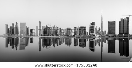 A panorama of Business Bay, taken just after sunrise when the wind and water was still calm.
