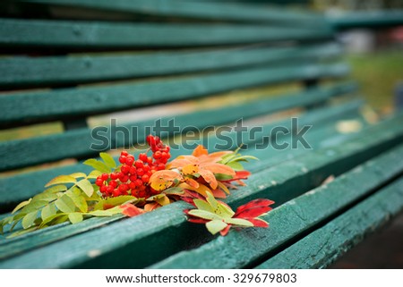 Autumn background/ Autumn leaves and berry as a heart over wooden bench/Thanksgiving day concept