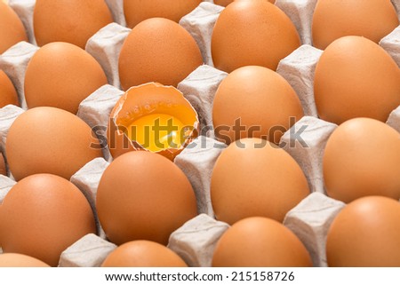 Cardboard tray filled with brown eggs, one egg is broken