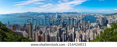 Hong Kong - June 4 2014: Hong Kong Victoria Harbour is the famous attraction place for tourist to visit. View of Hong Kong from Victoria Peak. This is one of the most dense cities in the world