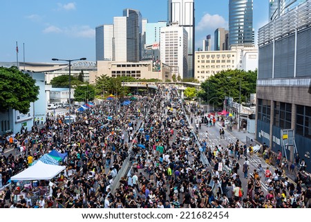 Hong Kong - October 1 2014: Hong Kong Occupy Central Protests. Protesters gather in the streets outside the Hong Kong Government Complex in Admiralty, Hong Kong.