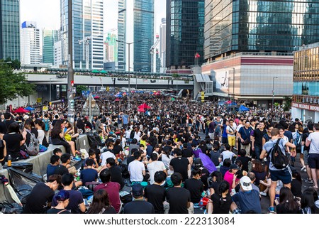 Hong Kong - October 1 2014: Hong Kong Occupy Central Protests. Protesters gather in the streets outside the Hong Kong Government Complex in Admiralty, Hong Kong.