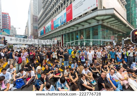 Hong Kong - September 30 2014: Hong Kong Occupy Central Protests. People protest on the Argyle Street and Nathan Road in Kowloon