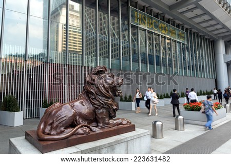 Hong Kong - October 13 2014: HSBC lion near the headquarters building of The Hongkong and Shanghai Banking Corporation in Central on October 13 2014. HSBC holding is the main bank in Hong Kong