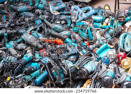 Hong Kong, November 1: Market sale of Second hand Power Tools on the sidewalk road in Sham Shui Po. Government now stop provide any new certification for concession stand for image of the city.