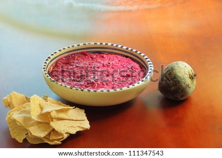 Egyptian beetroot dip with dill weed in Moroccan bowl