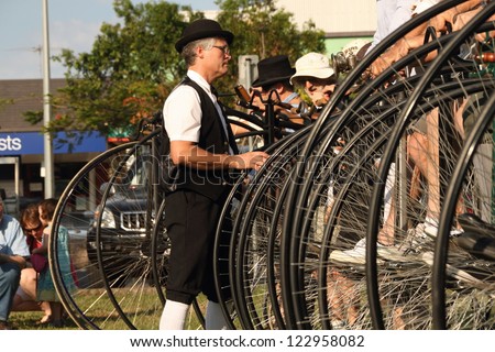 BRISBANE, AUSTRALIA - NOVEMBER 24 : Unidentified participant in penny farthing stack world record attempt on November 24, 2012 in Brisbane, Australia