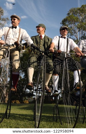 BRISBANE, AUSTRALIA - NOVEMBER 24 : Unidentified participants in penny farthing stack world record attempt on November 24, 2012 in Brisbane, Australia