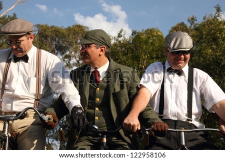 BRISBANE, AUSTRALIA - NOVEMBER 24 : Unidentified participants in penny farthing stack world record attempt on November 24, 2012 in Brisbane, Australia