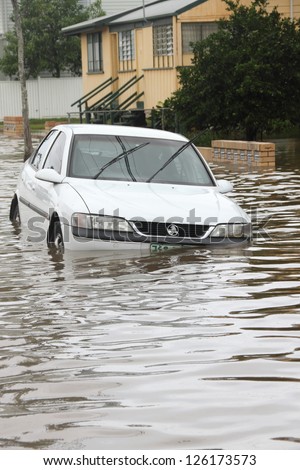 Brisbane, Australia - January 28 : Car Submerged From Ex Tropical Cyclone Oswald On January 28, 2013 In Brisbane, Australia