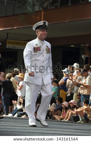 BRISBANE, AUSTRALIA - APRIL 25 : Naval officer marches along the route during Anzac day commemorations  April 25, 2013 in Brisbane, Australia