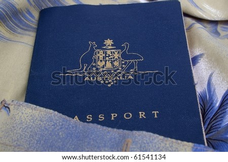 australian passport in tropical Hawaiian shirt