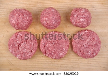 organic minced patty and meatball  meat on wooden chopping board