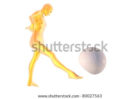 stock photo gold futuristic woman kicking soccer ball hard with bulge 