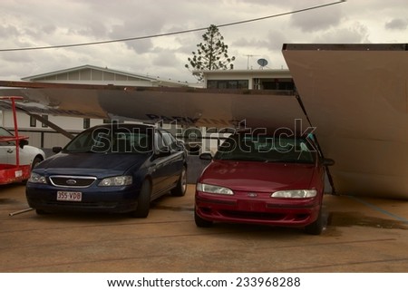 BRISBANE, AUSTRALIA - NOVEMBER 28 : Damage to car yard from super cell hail storm area declared disaster on November 28, 2014 in Brisbane, Australia