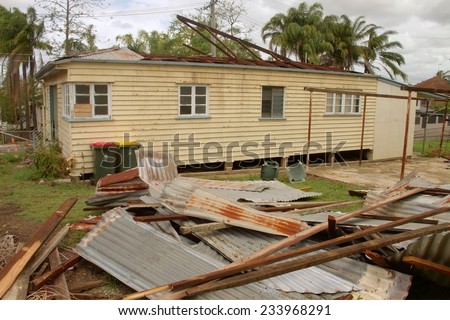 BRISBANE, AUSTRALIA - NOVEMBER 28 : Roof blown off house from super cell hail storm area declared disaster on November 28, 2014 in Brisbane, Australia