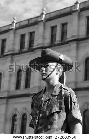BRISBANE, AUSTRALIA - APRIL 25 :Army Cadets at attention before march during Anzac day centenary commemorations April 25, 2015 in Brisbane, Australia