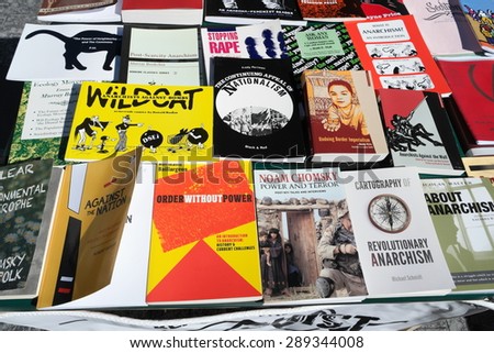 BRISBANE, AUSTRALIA - JUNE 20: Anarchist books for sale at World Refugee Day Rally June 20, 2015 in Brisbane, Australia