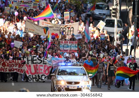 BRISBANE, AUSTRALIA - AUGUST 8 2015: Large groups of street marchers pro Marriage Equality Rally August 8, 2015 in Brisbane, Australia