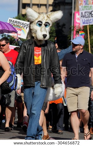 BRISBANE, AUSTRALIA - AUGUST 8 2015:Street marchers in Furries costume at Marriage Equality Rally August 8, 2015 in Brisbane, Australia