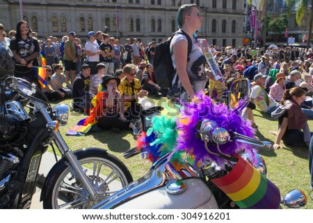BRISBANE, AUSTRALIA - AUGUST 8 2015:Gay pride adorned motorbikes and crowds at Marriage Equality Rally August 8, 2015 in Brisbane, Australia
