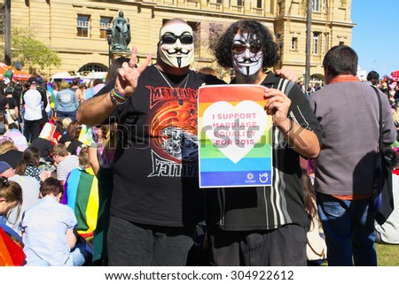 BRISBANE, AUSTRALIA - AUGUST 8 2015: Anonymous pro marriage equality supporters at rally August 8, 2015 in Brisbane, Australia