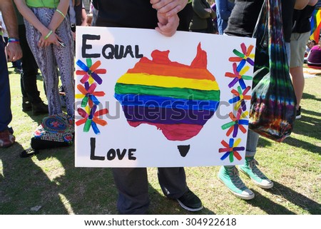 BRISBANE, AUSTRALIA - AUGUST 8 2015: Pro marriage equality in Australia sign at Marriage Equality Rally August 8, 2015 in Brisbane, Australia