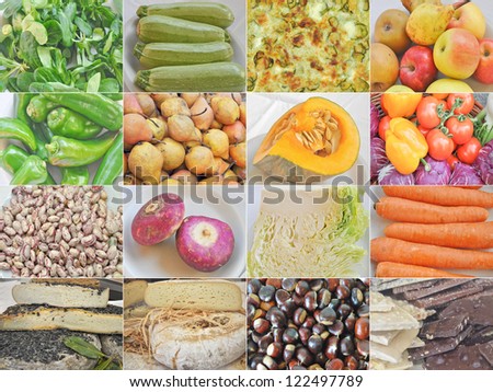 Food collage set with beans, vegetables, fruit and cheese