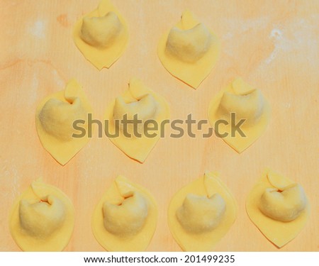 Agnolotti pasta typical of the Piedmont region of Italy is made with small pieces of flattened pasta dough folded over with meat or vegetable stuffing