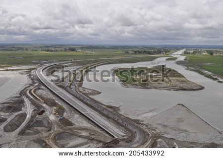 MONT SAINT MICHEL, FRANCE - JUNE 04, 2014: Roadworks around Mont Saint Michel Abbey and fortifications in Normandy France