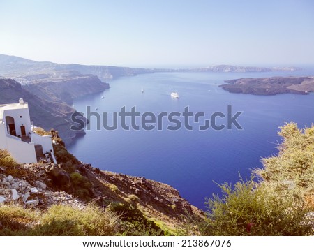 Vintage looking Fira capital of the Greek Aegean island Santorini