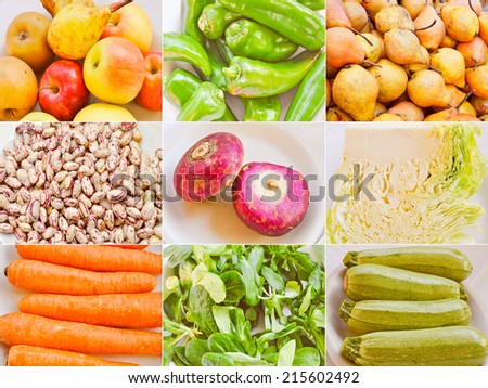 Vintage looking Food collage set with beans, vegetables, fruits