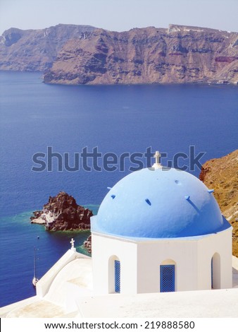 Vintage looking Therasia aka Thirasia island in the volcanic island group of Santorini in the Greek Cyclades in Greece