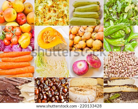 Vintage looking Food collage set with beans, vegetables, fruit and cheese