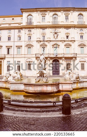 Vintage looking Fontana dei Quattro Fiumi meaning Fountain of the Four Rivers in the Piazza Navona square designed in 1651 by Gian Lorenzo Bernini